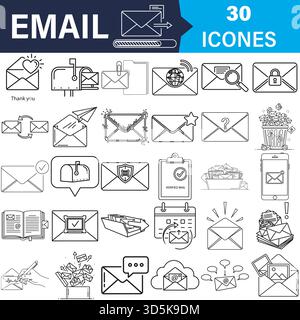 Set di icone e-mail e linee di comunicazione, vettore di concetti di messaggio diversi Illustrazione Vettoriale
