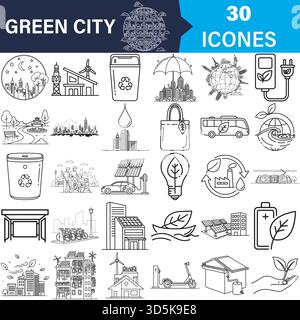 Ecologia delle città verdi e ambiente urbano sostenibile icone vettoriali Vector Illustrazione Vettoriale
