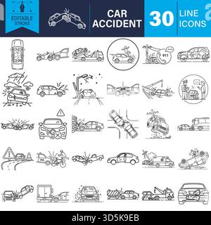 Set di icone della linea incidente auto, illustrazioni vettoriali di traccia modificabili Illustrazione Vettoriale