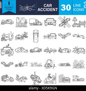 Set di icone della linea incidente auto, illustrazioni vettoriali di traccia modificabili Illustrazione Vettoriale