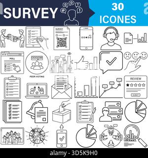 Icone line art per sondaggi, sondaggi, feedback dei clienti e Analytics Vector Illustrazione Vettoriale