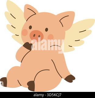 Simpatico maialino a cartoni animati con ali sedute e sorridenti. Simpatico personaggio vettoriale piatto di maiale volante per bambini, fantasia e design stravaganti Illustrazione Vettoriale