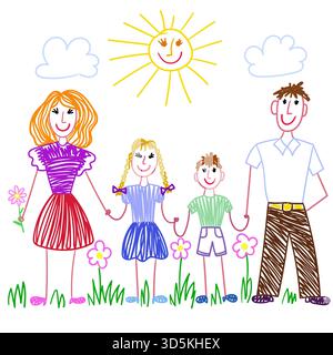Una famiglia felice. Disegno di un bambino. Disegnato a mano con pastelli. Genitori e bambini che si tengono per mano, sotto il sole e le nuvole. Adatto per stampe e poster Illustrazione Vettoriale