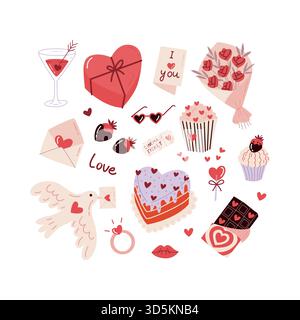 Grazioso set di spaghetti di San Valentino con cuori, dolci, regali ed elementi romantici Illustrazione Vettoriale