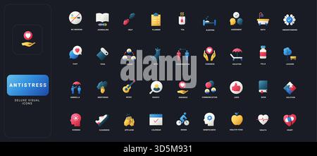 Icone di stile gradiente piatto con antistress, benessere, cura di sé, consapevolezza e attività di stile di vita sano su sfondo scuro dell'interfaccia utente. Illustrazione Vettoriale