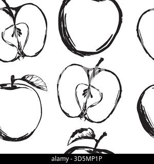 Illustra lo stile rustico della frutta a fette, sviluppa opere d'arte con frutta di frutteto e raccolta stagionale per confezionare e preparare ricette, disegni vettoriali in bianco e nero senza cuciture in stile line art. Illustrazione Vettoriale