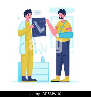 Medico che analizza l'illustrazione del vettore del referto radiologico del paziente ferito Illustrazione Vettoriale