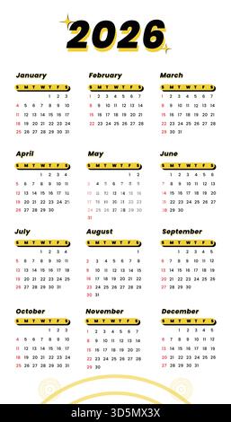 Un moderno modello di calendario per l'anno 2026, progettato per un facile utilizzo e gestione. Illustrazione Vettoriale