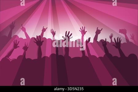 Giovani e adulti sono una folla che si diverte con le esibizioni musicali. Persone che partecipano a festival, feste, concerti o club. Stringere e alzare le mani, enjoyi Illustrazione Vettoriale