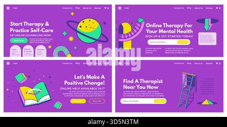 Banner Web impostato per la pubblicità dei servizi per terapisti. Elemento astratto piatto nella raccolta di landing page, illustrazione vettoriale. Offerta di trattamento per la salute mentale Illustrazione Vettoriale