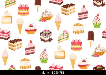 Torte, fette di torta, dessert con gelati, motivo vettoriale senza cuciture. Compleanno varie fette di torta consistenza sfondo sconfinato. Dolce panetteria per le vacanze. Design del modello di sfondo per wrapper Endless Cartoon Illustrazione Vettoriale