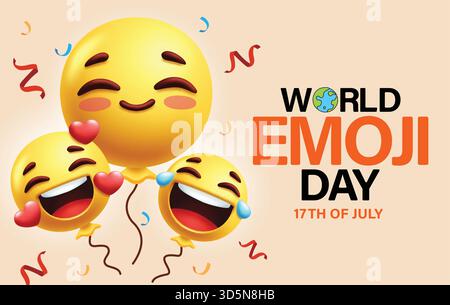Design della clipart World emoji Day. Colorato mondo emoji giorno saluto clip art di testo con emoji fluttuanti in un sorriso carino, in amore e faccia felice per il 17 luglio Illustrazione Vettoriale