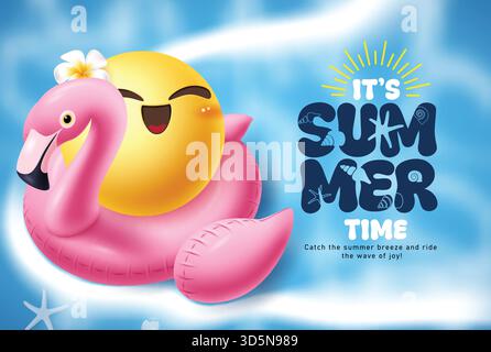 Design clipart di saluto in estate. È tempo di estate, ritagli di testo con il flamenco galleggiante rosa e il personaggio emoji Happy Face sulla spiaggia tropicale Illustrazione Vettoriale