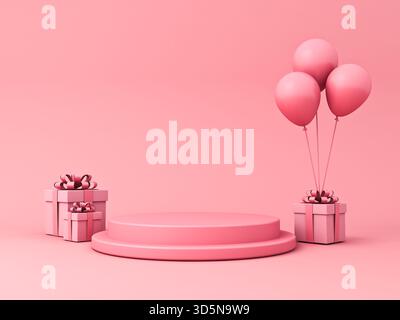 Podio rosa vuoto con scatole regalo e palloncini o espositore di prodotti vuoto piattaforma palcoscenico isolata in rosa chiaro color pastello b Foto Stock