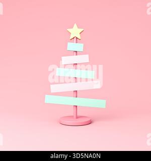 Minimale 3d astratti colori pastello con cartellone sull'albero di natale o decorazioni in mock-up natalizie isolate su sfondo rosa chiaro color pastello con Foto Stock