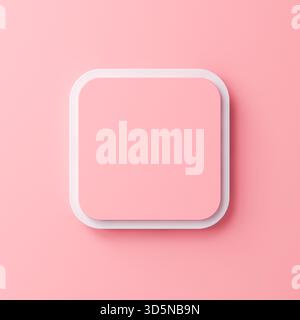 Pulsante quadrato rotondo vuoto o segno quadrato rosa vuoto isolato su sfondo color pastello rosa chiaro con design minimalista in ombra 3D concettuale Foto Stock