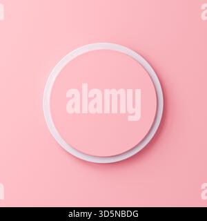 Segno rotondo o pulsante rosa pastello vuoto isolato su sfondo rosa chiaro con rendering 3D concettuale minimo ombra Foto Stock