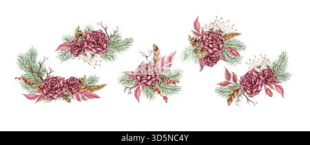 Rose di Borgogna, rami di pino, coni, fiori secchi, piume e frutti di bosco illustrano l'acquerello. Capodanno invernale e bouquet di Natale, isolati Foto Stock