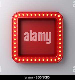 Cartellone al neon quadrato rosso retrò con lampadine gialle isolate su sfondo bianco grigio della parete con rendering ombreggiato 3D. Foto Stock