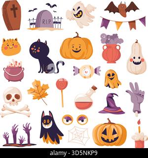 Illustrazione vettoriale di una collezione di icone a tema Halloween, tra cui zucche, fantasmi ed elementi spaventosi. Perfetto per le decorazioni di Halloween, la festa Illustrazione Vettoriale
