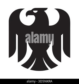 Una silhouette nera e grafica di un'aquila, con le ali allungate in una posa potente e iconica, presentata su uno sfondo bianco. Illustrazione Vettoriale