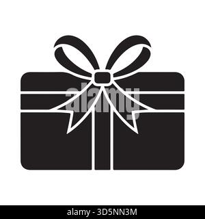 Un'icona minimalista in bianco e nero che rappresenta una confezione regalo confezionata con un fiocco prominente, perfetta per l'uso digitale o per la stampa. Illustrazione Vettoriale