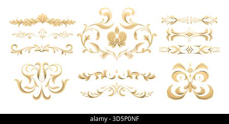 Parti ornamentali della cornice decorativa. Monogramma di lusso e adesivi con bordo di testo, inviti di nozze e adesivi con cornice di certificato. Set isolato vettoriale di Illustrazione Vettoriale