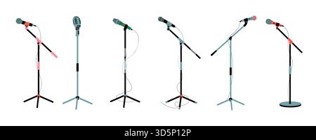 Microfono sul supporto. Strumenti MIC per performance di scena di concerti, registrazione di interviste in studio, trasmissione di musica audio apparecchiature cartoni animati stile piatto. Illustrazione Vettoriale