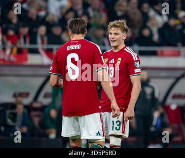 Budapest, Ungheria. 17 novembre 2025. Willi Orbán dell'Ungheria parla con András Schäfer dell'Ungheria durante la partita di qualificazione europea del gruppo F della Coppa del mondo 2026 tra Ungheria e Repubblica d'Irlanda a Puskás Aréna a Budapest, Ungheria, il 16 novembre 2025 (foto di Andrew Surma/SIPA USA). Crediti: SIPA USA/Alamy Live News Foto Stock