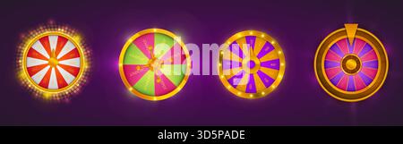 Casino Fortune Wheels per il design di giochi spin. Illustrazione vettoriale realistica di roulette colorate con luci, settori di vincita dei premi, numeri di punteggio, freccia del jackpot, elementi dell'interfaccia utente del sito di gioco d'azzardo online Illustrazione Vettoriale