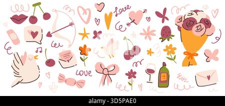 Adesivi e elementi d'amore per il cuore di San Valentino in un grazioso stile doodle. Collezione romantica rosa con rose, fiori e decorazioni per matrimoni. Set di illustrazioni vettoriali di nastri e schede estetiche vintage . Illustrazione Vettoriale