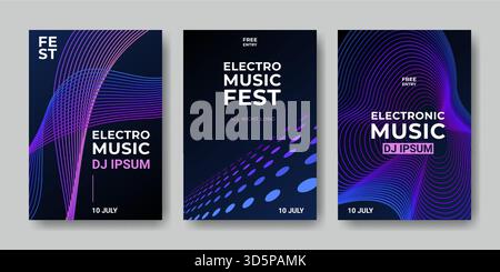 Poster con musica elettronica dal design astratto a onde sonore e sfondo vibrante e sfumato. Modello di volantino dinamico per festival con linee geometriche ed elementi al neon per la promozione di concerti, feste o eventi con DJ. Illustrazione Vettoriale