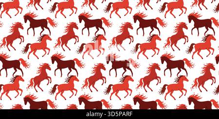 Questo vivace design presenta un motivo ripetuto di cavalli nelle tonalità del rosso e del marrone in pose dinamiche. L'allegra disposizione evoca un senso di mov Illustrazione Vettoriale