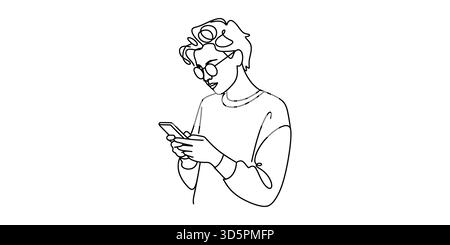 Giovane con occhiali focalizzati sullo smartphone, moderna arte in linea continua Illustrazione Vettoriale
