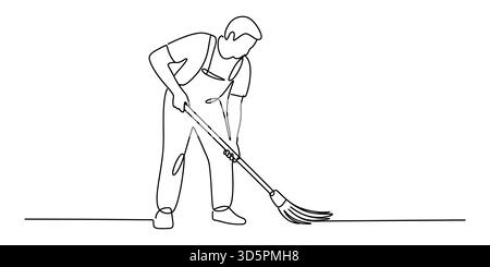 Disegno in linea continua di un detergente che spazza il pavimento con una scopa lunga Illustrazione Vettoriale