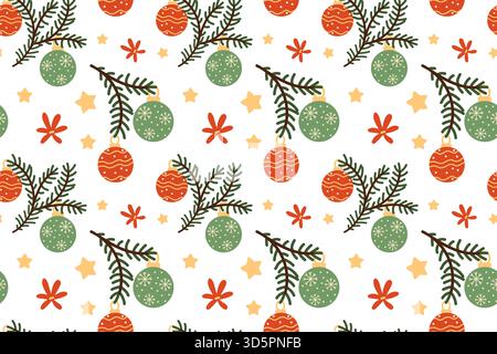 Motivo senza cuciture. Baubles di alberi di Natale disegnati a mano e un ramo di abete verde. Illustrazione natalizia con decorazioni in stile piatto. Illustrazione Vettoriale