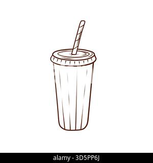 Un bicchiere con una cannuccia di stile. Illustrazione vettoriale in uno stile di linea semplice. Immagine di una bevanda monouso isolata su sfondo bianco. Illustrazione Vettoriale