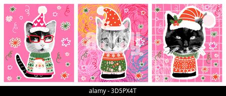 Grazioso set vettoriale con simpatici gatti con brutti maglioni natalizi, cappelli di Babbo Natale, biglietti di auguri natalizi in stile collage mezzetinte, poster Illustrazione Vettoriale