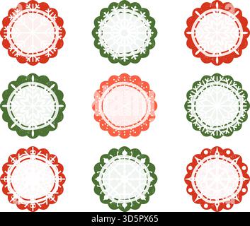 Graziose etichette vettoriali smerlate, etichette o adesivi in rosso e verde con fiocchi di neve bianchi per regali di Natale e decorazioni regalo Illustrazione Vettoriale