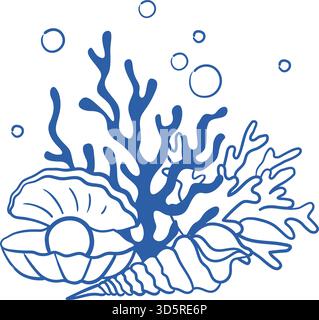 Grafica grafica vettoriale disegnata a mano con linee blu composizione subacquea con conchiglie, perle, coralli e bolle in stile mediterraneo Illustrazione Vettoriale