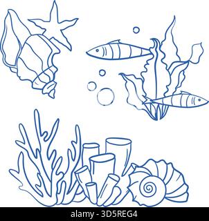 Composizioni subacquee grafiche disegnate a mano con linee blu con conchiglie, pesci, coralli, coste e bollicine in stile mediterraneo Illustrazione Vettoriale