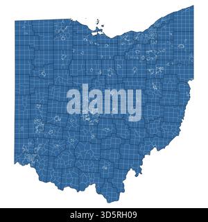 Mappa vettoriale dello stato dell'Ohio divisa in contee e comuni Illustrazione Vettoriale