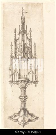 Questa mostruosità gotica, incisa da Israhel van Meckenem in onore del Maestro W con la chiave intorno al 1480, presenta dettagliate opere in metallo e simbolismo religioso tipico degli oggetti liturgici gotici, evidenziando intricati elementi decorativi. Foto Stock