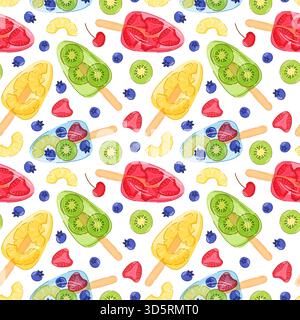 Fantasia senza cuciture di ghiaccio colorato alla frutta con kiwi, ananas, bacche e ciliegie in stile cartoni animati. Perfetto per il design estivo della frutta e per il confezionamento di dessert Illustrazione Vettoriale