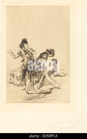 Incisione di Jules Ferdinand Jacquemart su Francisco de Goya intitolata "scena spagnola" (1863), raffigurante la vita quotidiana spagnola, figure in abbigliamento tradizionale, attività culturali e interpretazione artistica europea del XIX secolo. Foto Stock