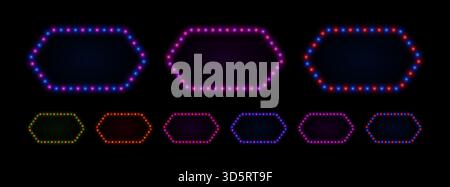 Telaio al neon leggero con lampadine. Bordino retrò a LED per pubblicità di casinò e cinema. Illustrazione Vettoriale