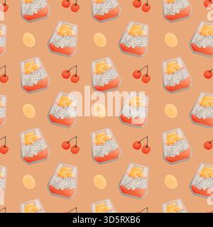 Motivo senza cuciture con budino Sweet chia in bicchiere con purea di frutta e frutta su sfondo arancione. Carino modello di cibo ideale per imballaggi e tessuti Illustrazione Vettoriale