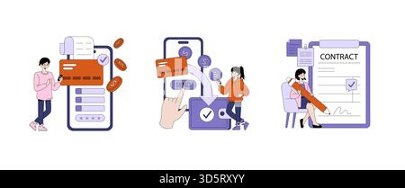 Illustrazione vettoriale che raffigura le transazioni digitali e la firma del contratto. Presenta persone che interagiscono con gli smartphone per i pagamenti online e una persona che firma un contratto, mettendo in evidenza la finanza digitale moderna. Illustrazione Vettoriale