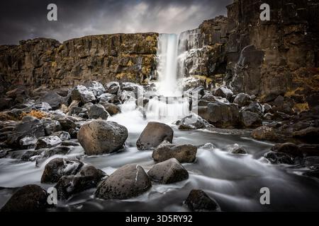 Dove i continenti si allontanano e la bellezza selvaggia dell'Islanda prende vita: Il Parco Nazionale di Þingvellir in tutta la sua serenità senza tempo Foto Stock
