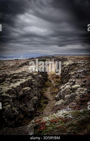 Dove i continenti si allontanano e la bellezza selvaggia dell'Islanda prende vita: Il Parco Nazionale di Þingvellir in tutta la sua serenità senza tempo Foto Stock
